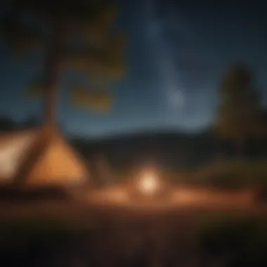 A cozy campsite with a glowing campfire under the stars