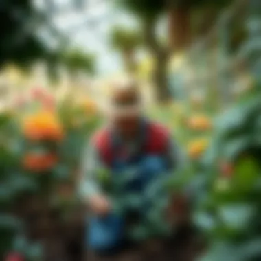 Gardener Caring for Large Blooming Plants A gardener tending to large blooming plants, showcasing care techniques