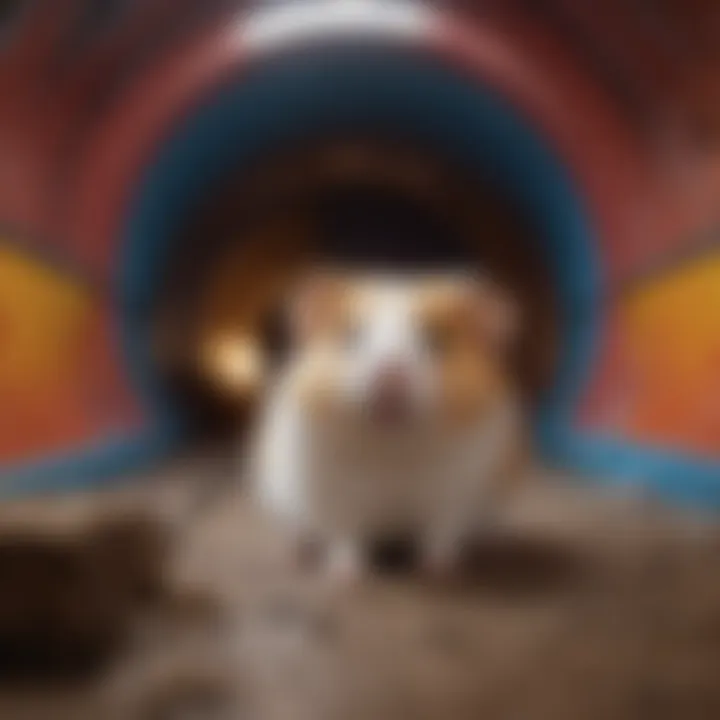 Long-haired hamster peeking out of a colorful tunnel