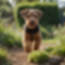 Playful Miniature Airedale puppy frolicking in a garden