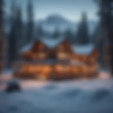 Cozy lodge nestled in a snowy landscape, inviting visitors.
