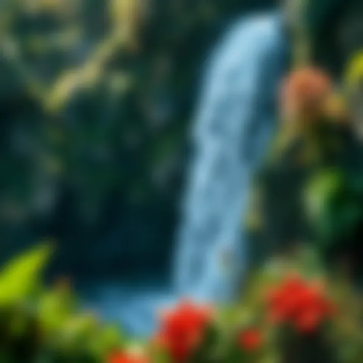 Vibrant flora surrounding a tranquil waterfall