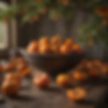 Harvested persimmons arranged in a rustic Texan setting