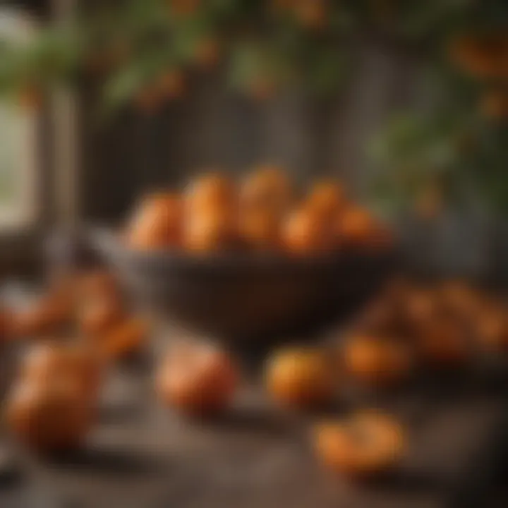 Harvested persimmons arranged in a rustic Texan setting
