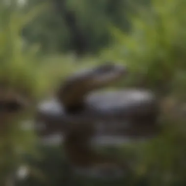 Silent Threat in Texan Marshlands Venomous Cottonmouth Snake Gliding Along Swampy Marsh