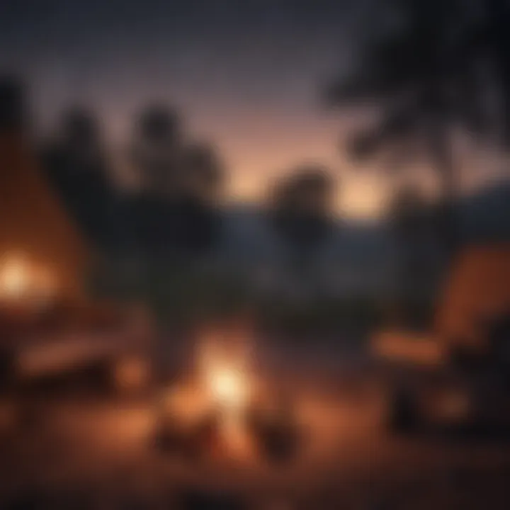 A cozy campfire setup at dusk under a starlit sky in a Texas campground.