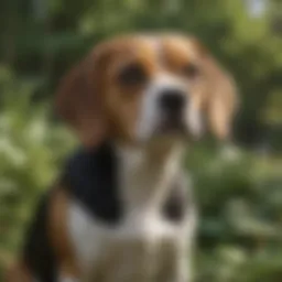 Pocket beagle in a lush garden