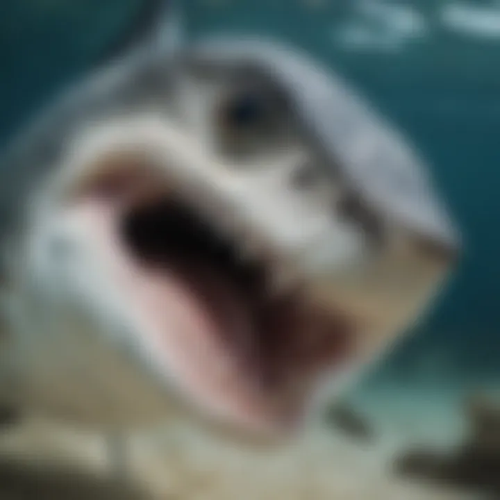 A close-up view of a barracuda displaying its sharp teeth and streamlined body, epitomizing predatory adaptation.