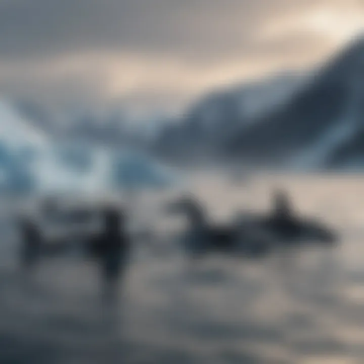 A pod of orcas hunting in the icy waters, showcasing their social dynamics and hunting strategies.