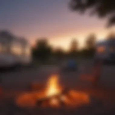 Campers enjoying a sunset at an RV site with a campfire