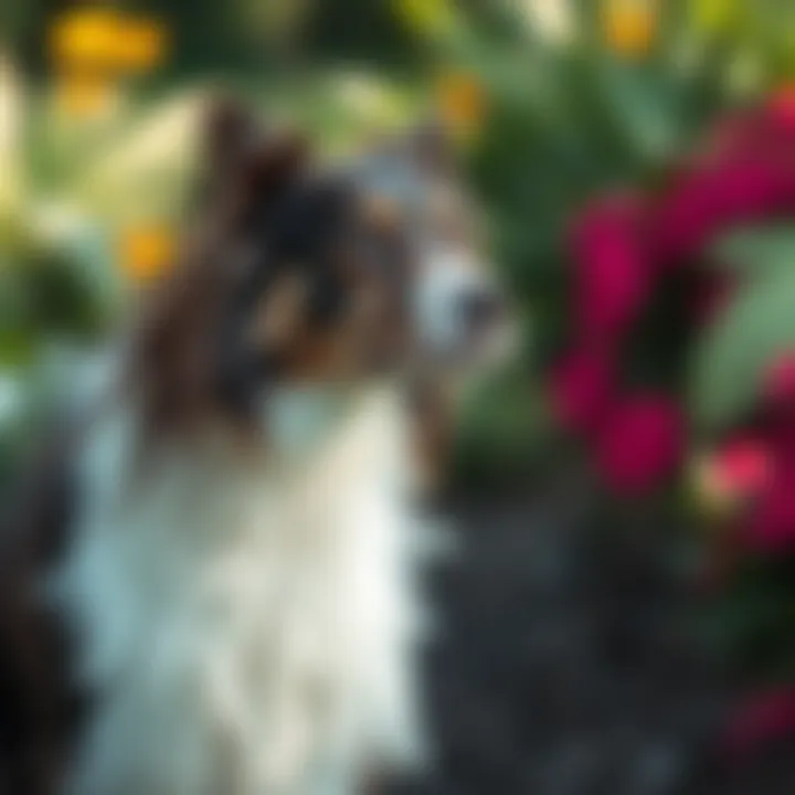 A dog in a garden, highlighting environmental factors affecting coat health