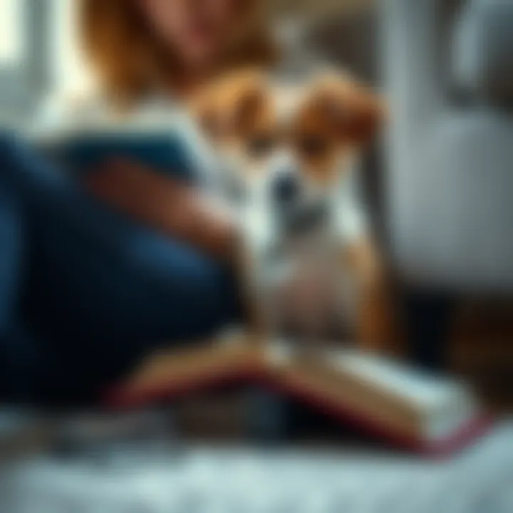 Reading Companion: The Calm Presence of Small Dogs A small dog breed sitting calmly beside a person reading a book
