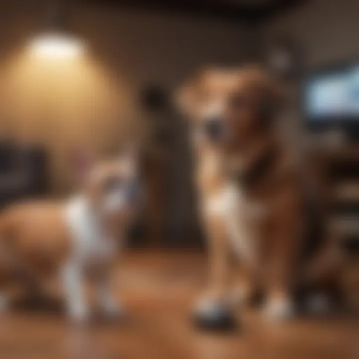 A pet owner interacting with their pet via a camera