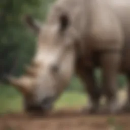 A close-up view of a white rhinoceros grazing in its natural habitat.