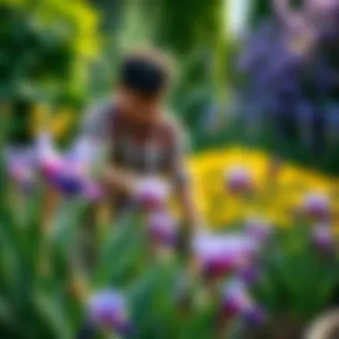 Nurturing Dwarf Japanese Iris A gardener tending to Dwarf Japanese Iris in a vibrant garden