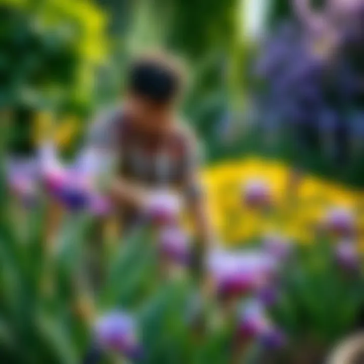 Nurturing Dwarf Japanese Iris A gardener tending to Dwarf Japanese Iris in a vibrant garden