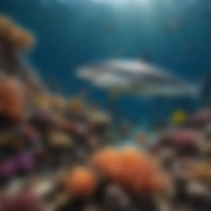 A vibrant coral reef teeming with diverse marine life, highlighting the ecosystem role of sharks within this habitat.