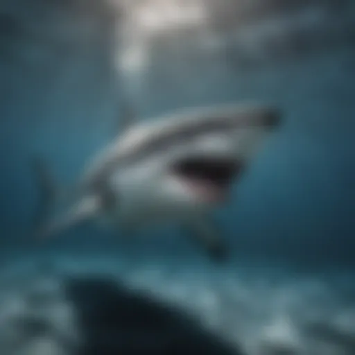 A majestic great white shark gliding through clear blue waters, showcasing its sleek body and sharp fins.