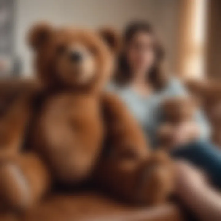 An adult sitting on a couch with a big brown teddy bear, displaying nostalgia.