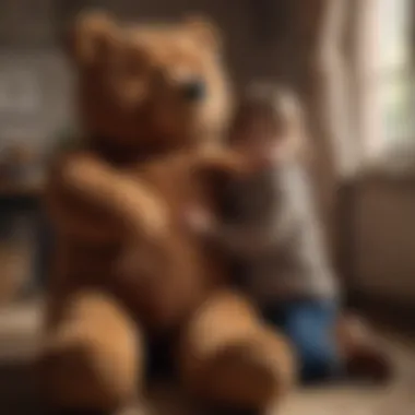 A child hugging a big brown teddy bear in a cozy room.