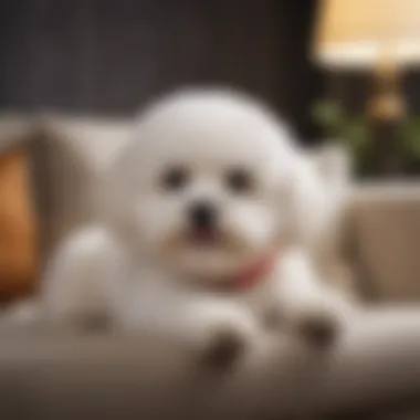 A Bichon Frise resting comfortably on a couch