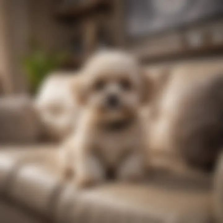 A cozy living room with a Maltipoo resting on a plush couch