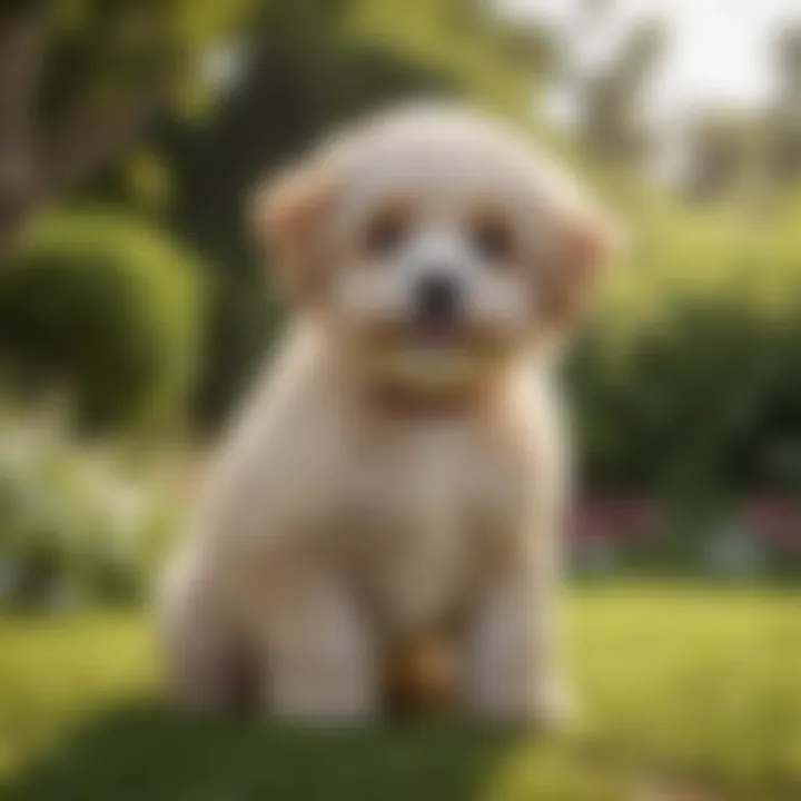 A playful Maltipoo puppy in a sunny garden setting