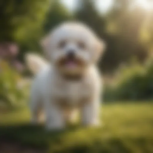 A playful Maltipoo in a sunny garden