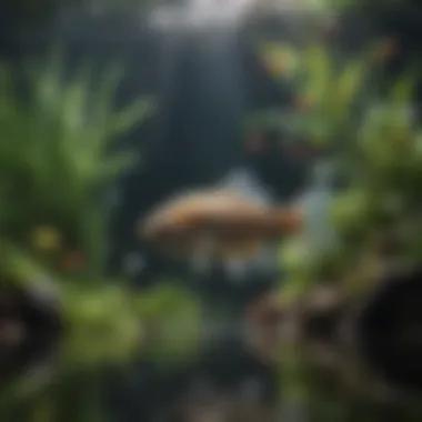 A serene underwater scene featuring the unique breeding behavior of miniature freshwater fish.