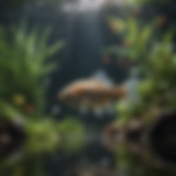 A serene underwater scene featuring the unique breeding behavior of miniature freshwater fish.