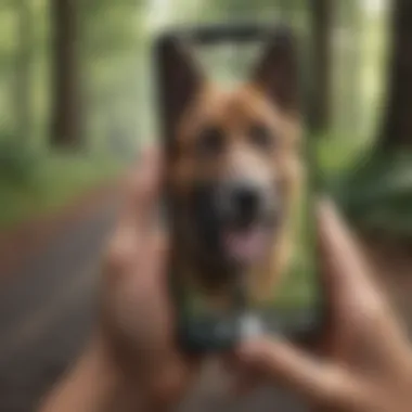 A conceptual image of a pet owner tracking their pet via smartphone
