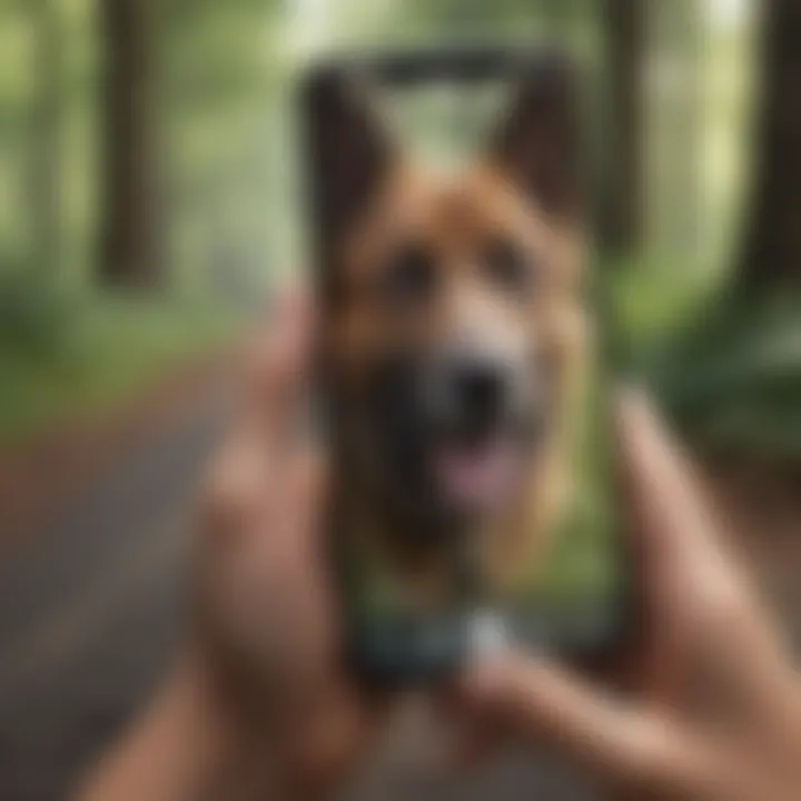 A conceptual image of a pet owner tracking their pet via smartphone