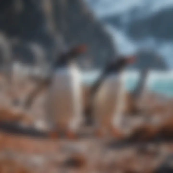 A colony of Gentoo penguins on rocky terrain