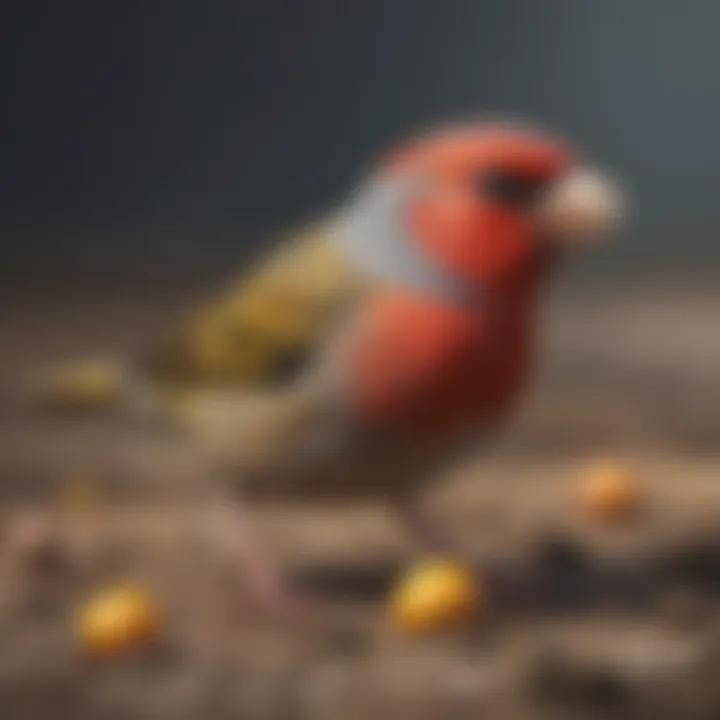 An elegant finch foraging on the ground, highlighting its distinctive coloration