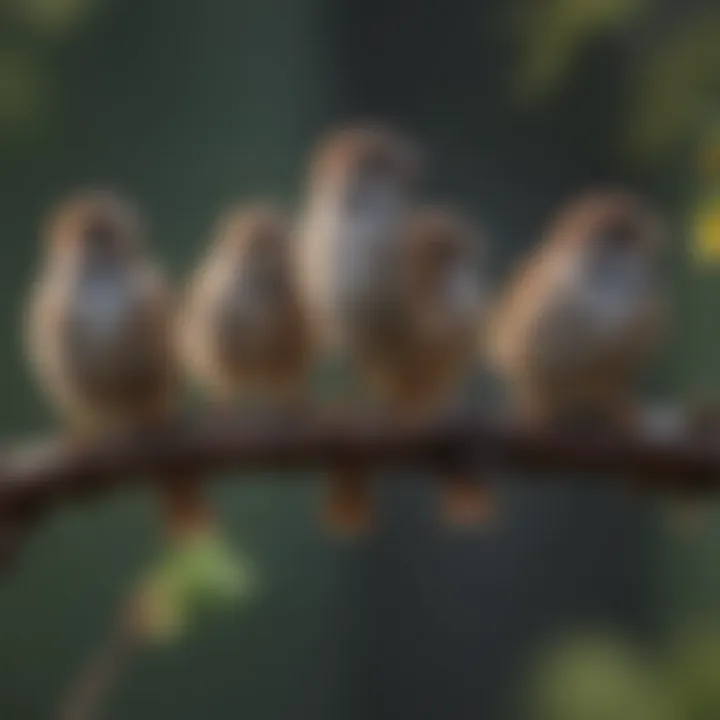 A group of sparrows perched on a branch, displaying their social behavior