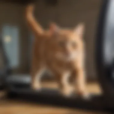 A playful cat using a treadmill wheel, illustrating the joy and engagement it brings to feline fitness.