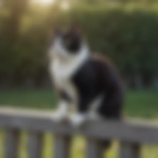 Tuxedo cat perched on a fence, observing its surroundings