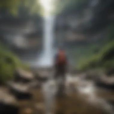 A hiker enjoying the view of a waterfall while exploring Virginia's natural landscape.