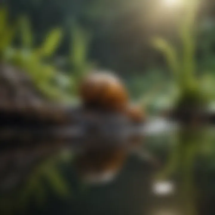 Freshwater pond snail exploring aquatic plants underwater