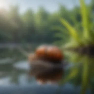Freshwater pond snail gliding gracefully on water surface