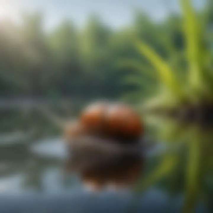 Freshwater pond snail gliding gracefully on water surface