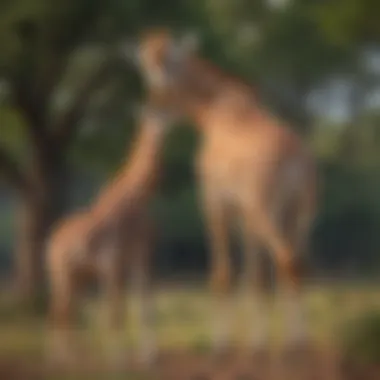 A young giraffe standing beside its mother in the wild