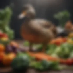 A duck enjoying a variety of fresh vegetables