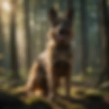 Majestic German Shepherd standing in a sunlit forest