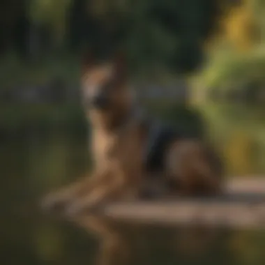 Graceful female German Shepherd sitting by a tranquil lake