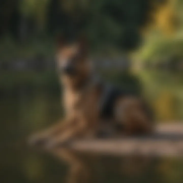 Graceful female German Shepherd sitting by a tranquil lake