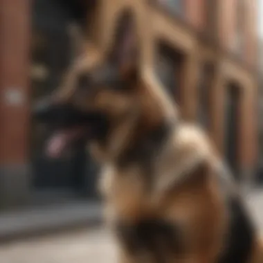 Female German Shepherd with striking markings in an urban setting