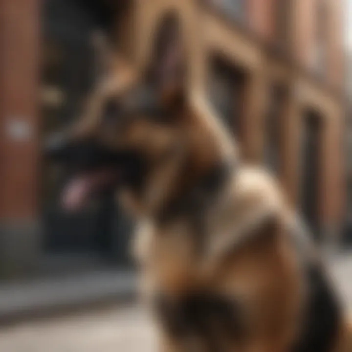 Female German Shepherd with striking markings in an urban setting