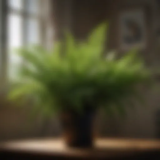 Lush green fern plant in a dimly lit room