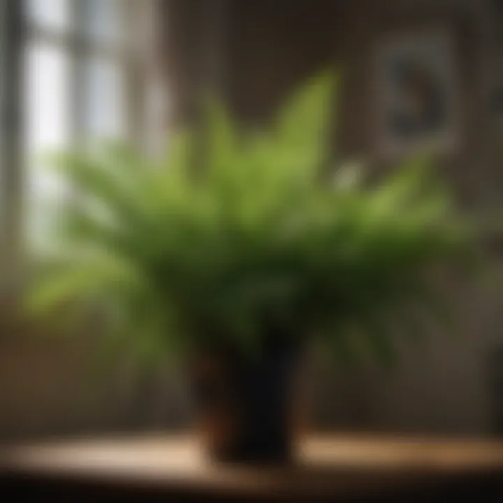 Lush green fern plant in a dimly lit room